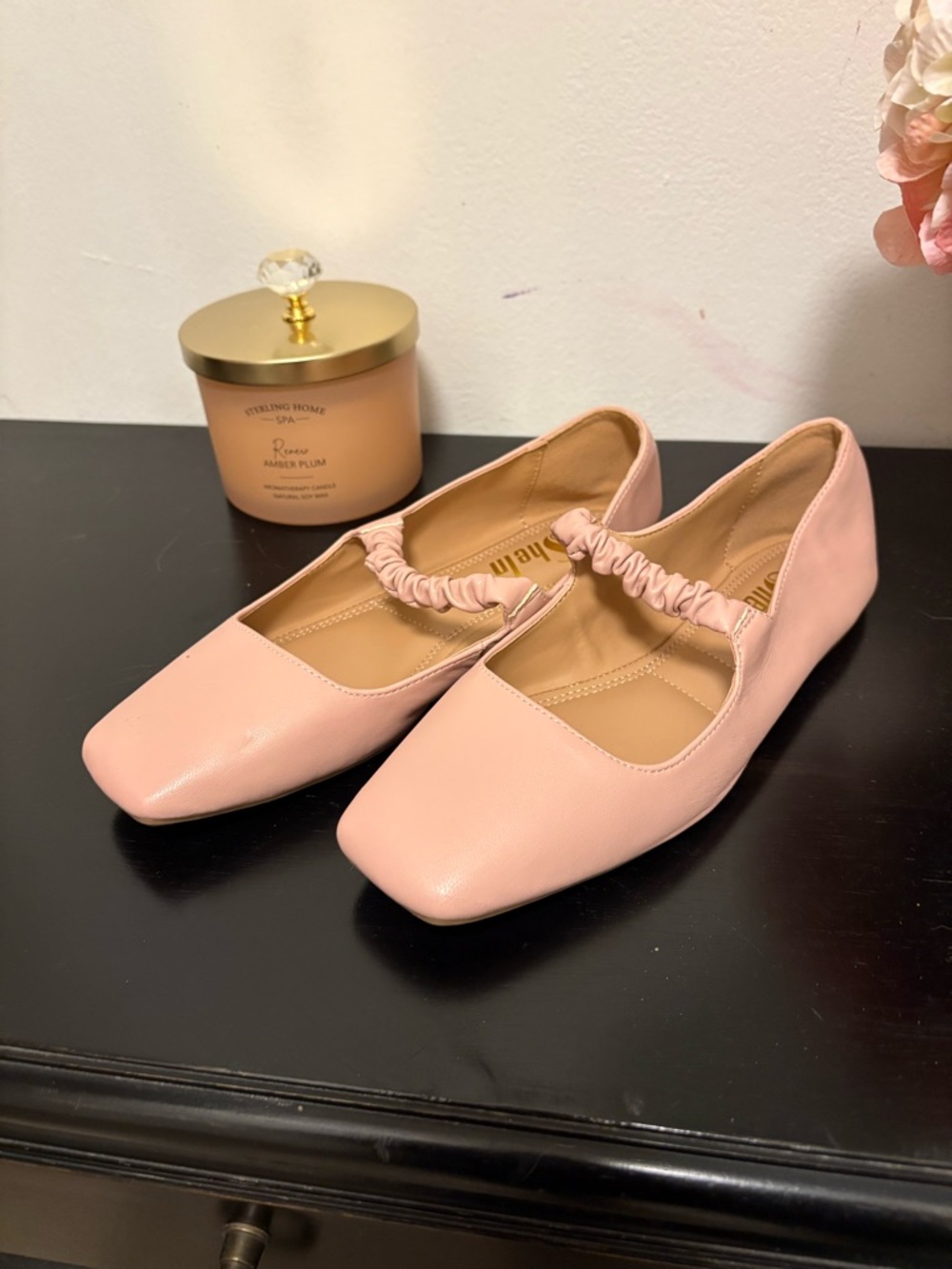 Women's Square-Toe Ballet Flats with Elastic Ruched Strap - Soft Pink